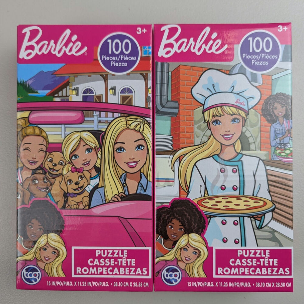 Barbie Puzzles Set of Two 100 Pieces Friends Pizza Car Puppies Dogs Pink Gift